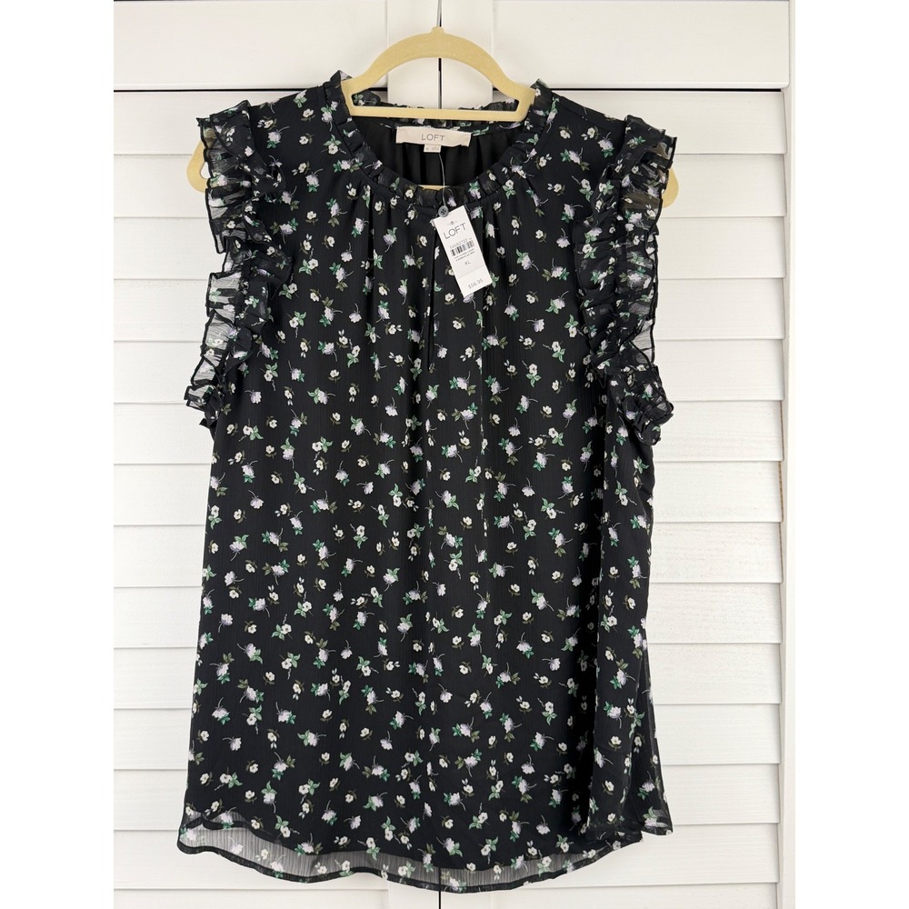 LOFT Ruffle Sleeve Blouse XL Black Floral Chiffon Lined NEW